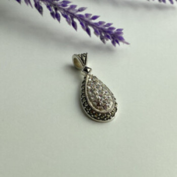 925 Sterling Silver CZ & Marcasite Drop Pendant