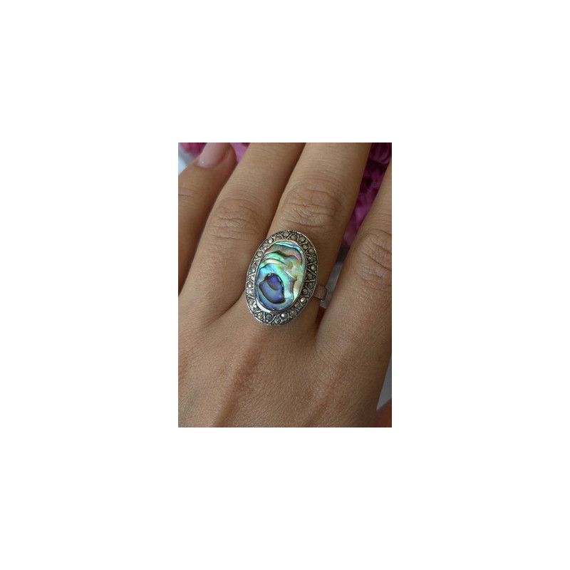 Vintage 925 Sterling Silver Abalone & Marcasite Ring Size 9