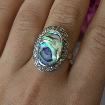 Vintage 925 Sterling Silver Abalone & Marcasite Ring Size 9