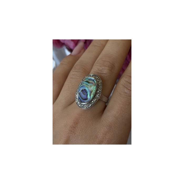 Vintage 925 Sterling Silver Abalone & Marcasite Ring Size 9