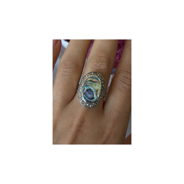 Vintage 925 Sterling Silver Abalone & Marcasite Ring Size 9