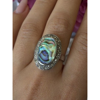 Vintage 925 Sterling Silver Abalone & Marcasite Ring Size 9