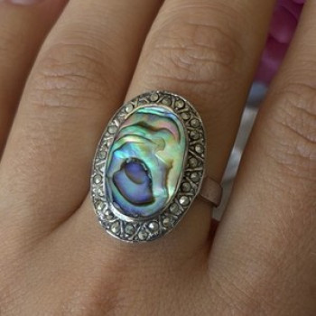 Vintage 925 Sterling Silver Abalone & Marcasite Ring Size 9