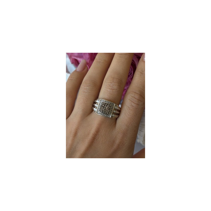 Mens 925 Sterling Silver White & Brown Tourmaline Ring Size 10.5