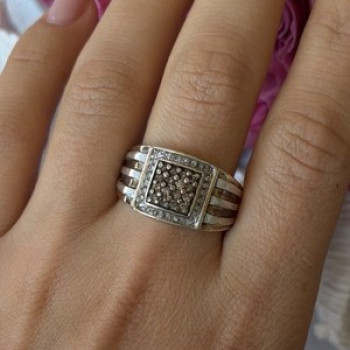 Mens 925 Sterling Silver White & Brown Tourmaline Ring Size 10.5