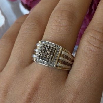 Mens 925 Sterling Silver White & Brown Tourmaline Ring Size 10.5