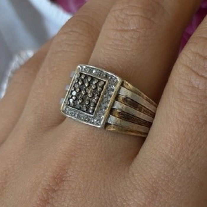 Mens 925 Sterling Silver White & Brown Tourmaline Ring Size 10.5
