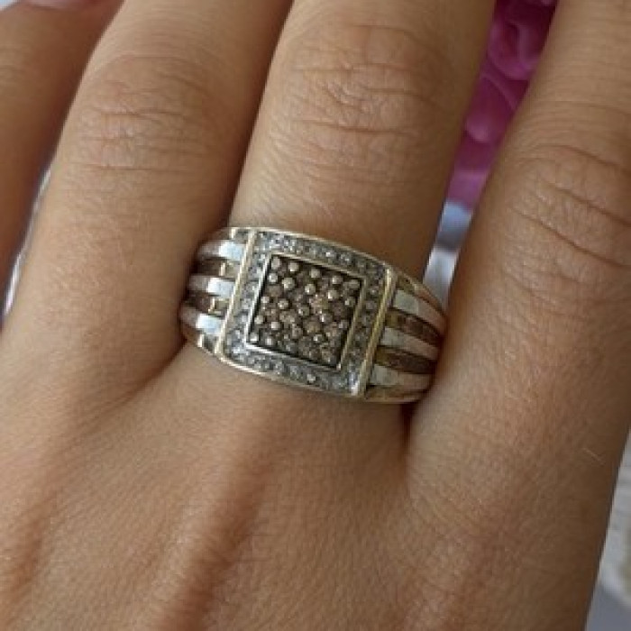 Mens 925 Sterling Silver White & Brown Tourmaline Ring Size 10.5