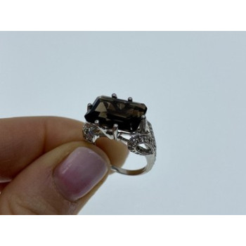 925 Sterling Silver Hessonite & Quartz Ring Size 5.5