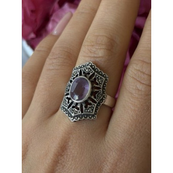 Vintage 925 Sterling Silver Amethyst & Marcasite Ring Size 8