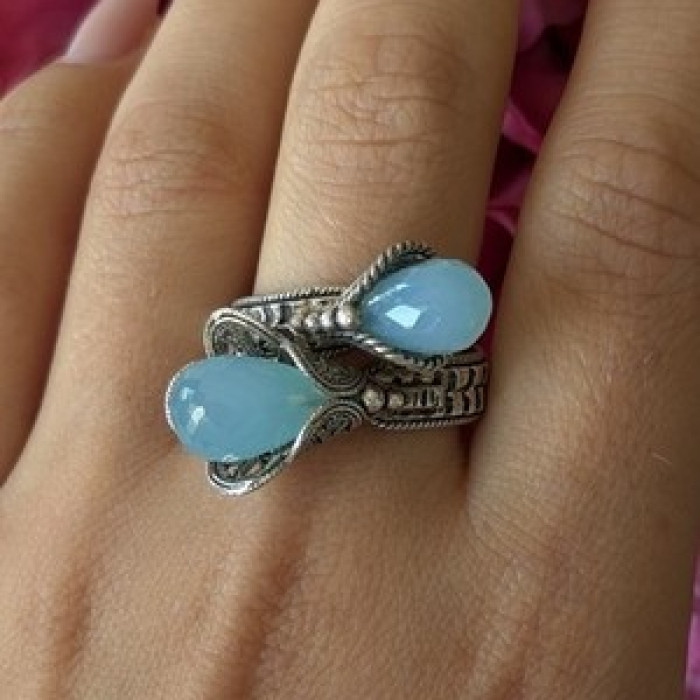 925 Sterling Silver Blue Chalcedony Ring Size 11 Sizable