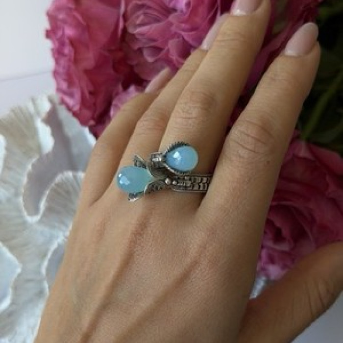 925 Sterling Silver Blue Chalcedony Ring Size 11 Sizable