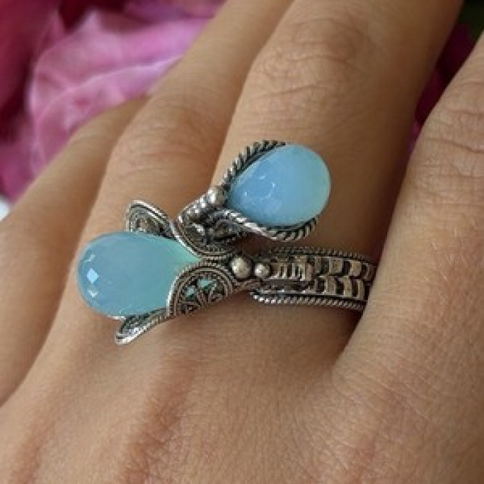 925 Sterling Silver Blue Chalcedony Ring Size 11 Sizable
