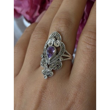 Vintage 925 Sterling Silver Amethyst & Marcasite Ring Size 9