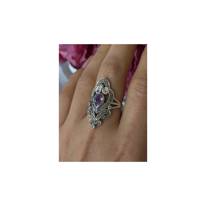 Vintage 925 Sterling Silver Amethyst & Marcasite Ring Size 9