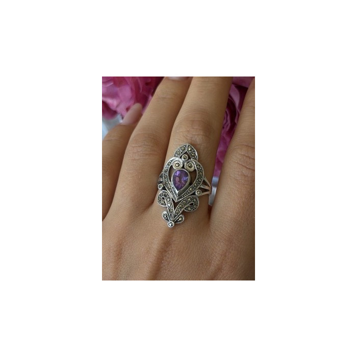 Vintage 925 Sterling Silver Amethyst & Marcasite Ring Size 9