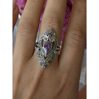 Vintage 925 Sterling Silver Amethyst & Marcasite Ring Size 9
