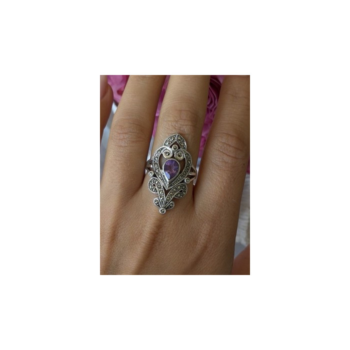 Vintage 925 Sterling Silver Amethyst & Marcasite Ring Size 9