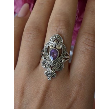 Vintage 925 Sterling Silver Amethyst & Marcasite Ring Size 9