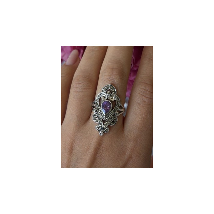 Vintage 925 Sterling Silver Amethyst & Marcasite Ring Size 9