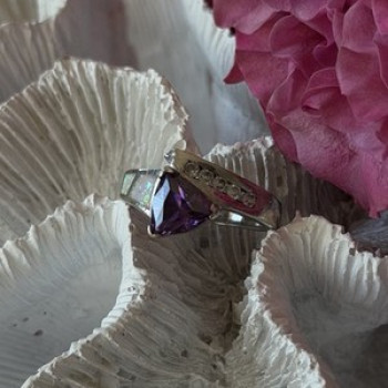 925 Sterling Silver Amethyst Opal Beryl Ring Size 7