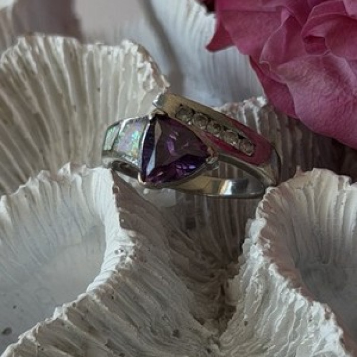 925 Sterling Silver Amethyst Opal Beryl Ring Size 7