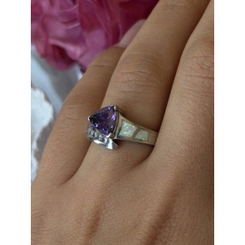 925 Sterling Silver Amethyst Opal Beryl Ring Size 7