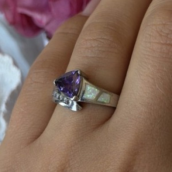 925 Sterling Silver Amethyst Opal Beryl Ring Size 7