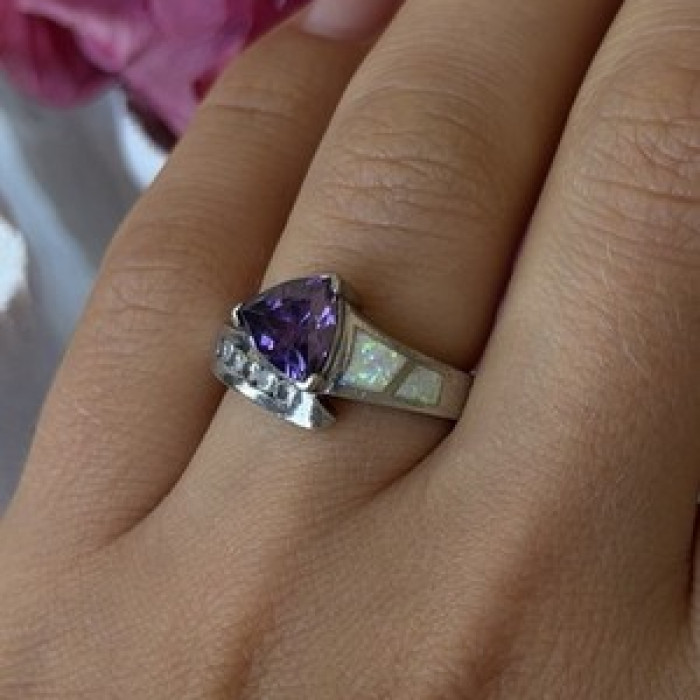 925 Sterling Silver Amethyst Opal Beryl Ring Size 7