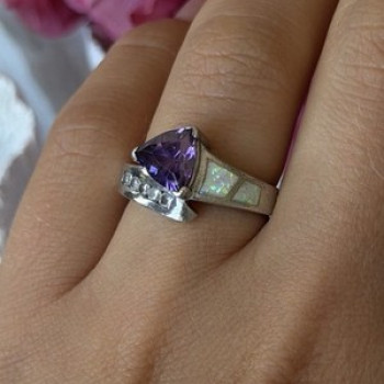 925 Sterling Silver Amethyst Opal Beryl Ring Size 7