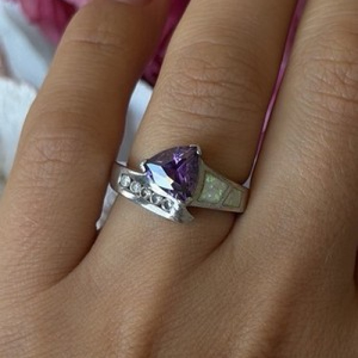 925 Sterling Silver Amethyst Opal Beryl Ring Size 7