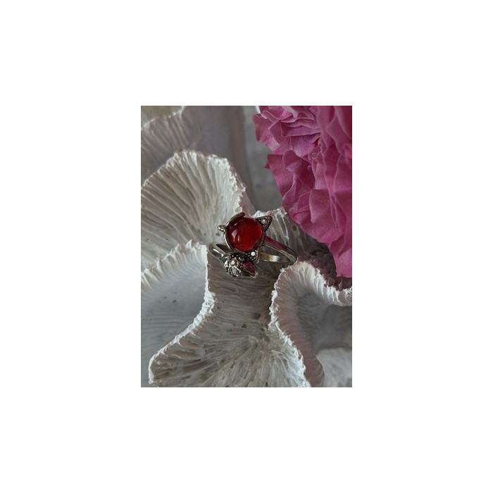 925 Sterling Silver Fox & Snake Red Glass Cabochon Ring Size 9 Sizable