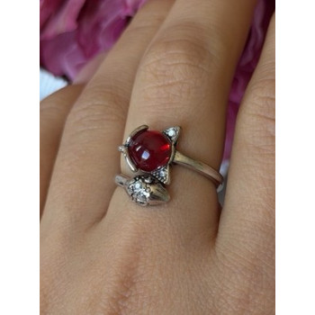 925 Sterling Silver Fox & Snake Red Glass Cabochon Ring Size 9 Sizable