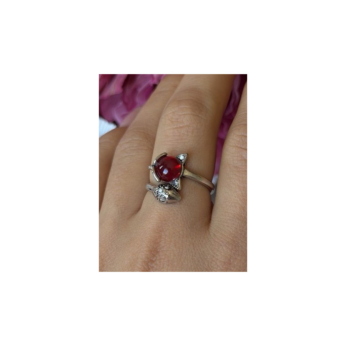 925 Sterling Silver Fox & Snake Red Glass Cabochon Ring Size 9 Sizable