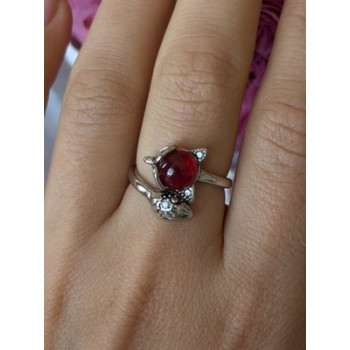 925 Sterling Silver Fox & Snake Red Glass Cabochon Ring Size 9 Sizable