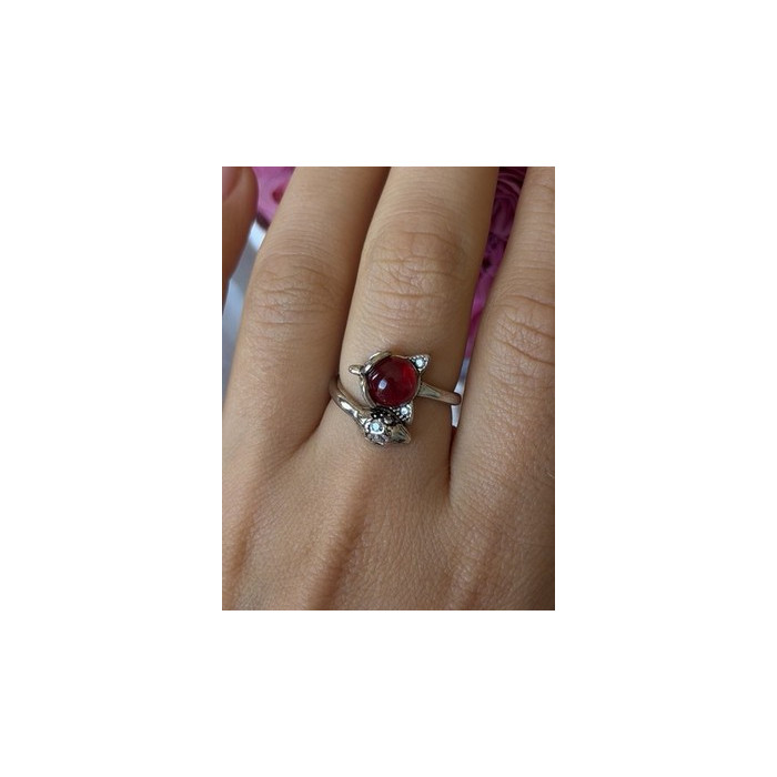 925 Sterling Silver Fox & Snake Red Glass Cabochon Ring Size 9 Sizable