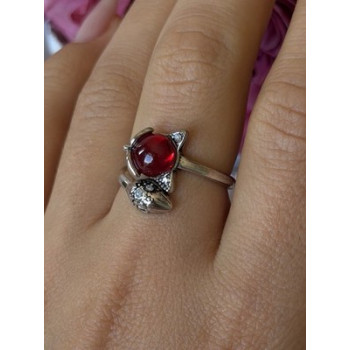 925 Sterling Silver Fox & Snake Red Glass Cabochon Ring Size 9 Sizable
