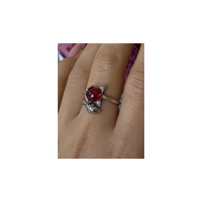 925 Sterling Silver Fox & Snake Red Glass Cabochon Ring Size 9 Sizable