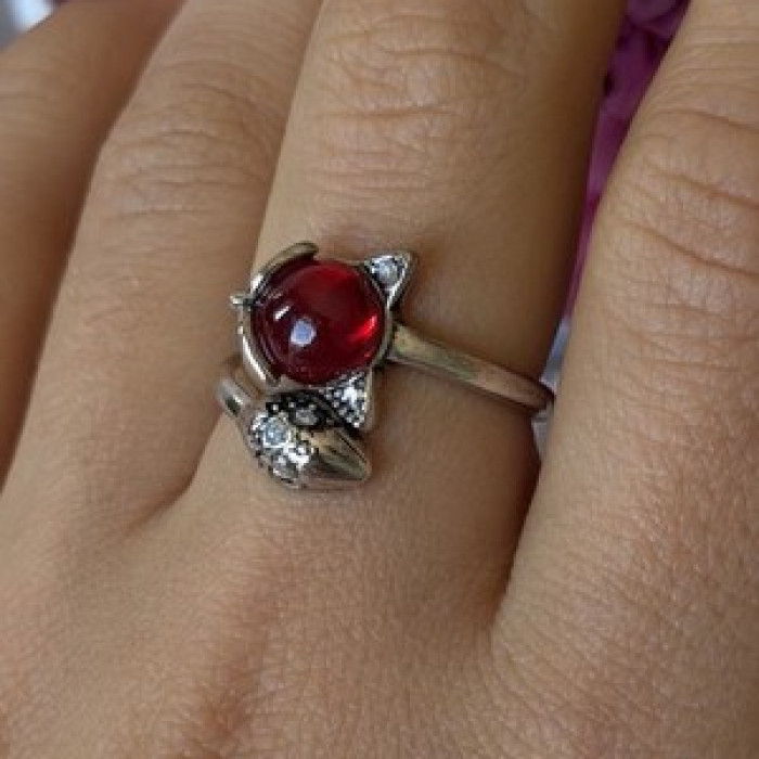 925 Sterling Silver Fox & Snake Red Glass Cabochon Ring Size 9 Sizable