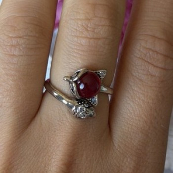 925 Sterling Silver Fox & Snake Red Glass Cabochon Ring Size 9 Sizable