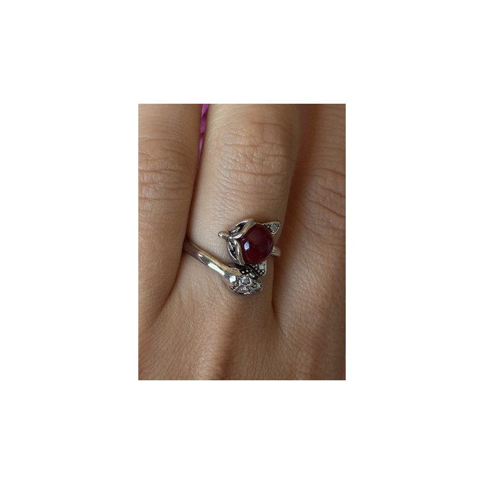 925 Sterling Silver Fox & Snake Red Glass Cabochon Ring Size 9 Sizable