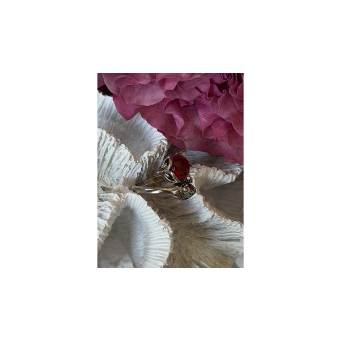 925 Sterling Silver Fox & Snake Red Glass Cabochon Ring Size 9 Sizable