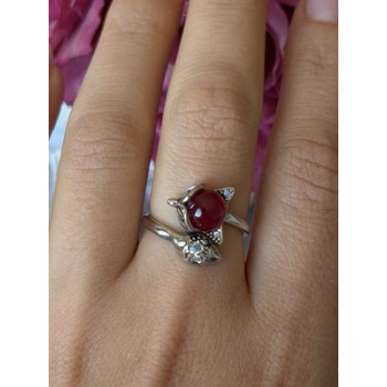 925 Sterling Silver Fox & Snake Red Glass Cabochon Ring Size 9 Sizable