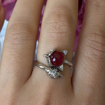 925 Sterling Silver Fox & Snake Red Glass Cabochon Ring Size 9 Sizable