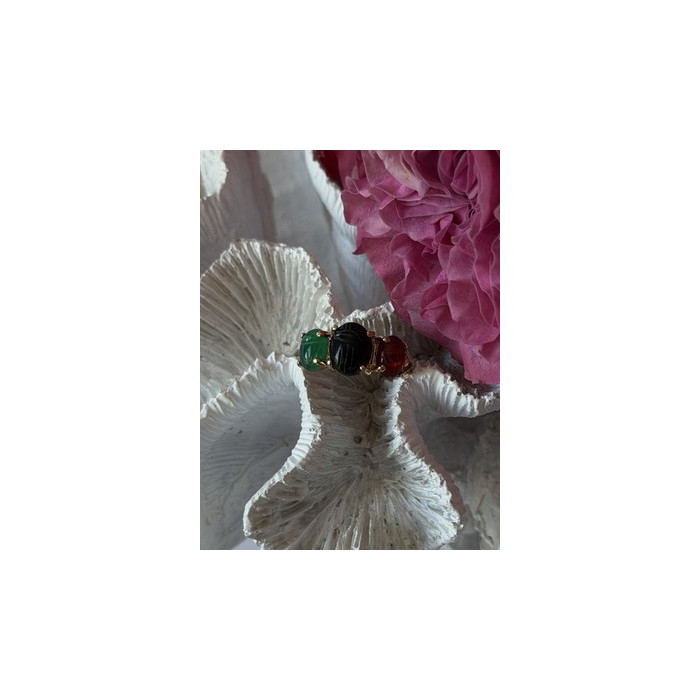 925 Sterling Silver Gold Plated Carved Carnelian Onyx Jade Ring Size 7