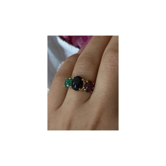 925 Sterling Silver Gold Plated Carved Carnelian Onyx Jade Ring Size 7