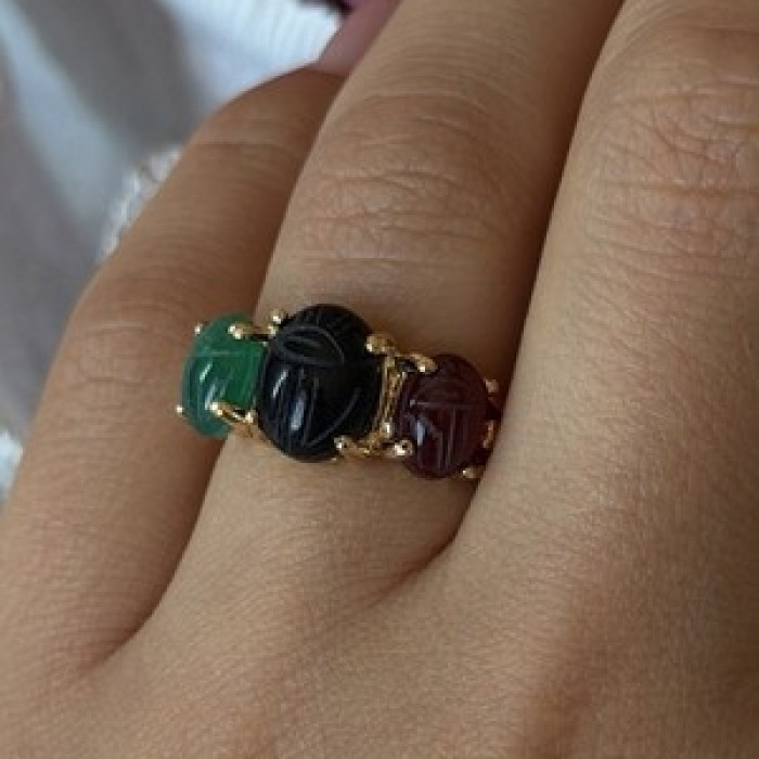 925 Sterling Silver Gold Plated Carved Carnelian Onyx Jade Ring Size 7