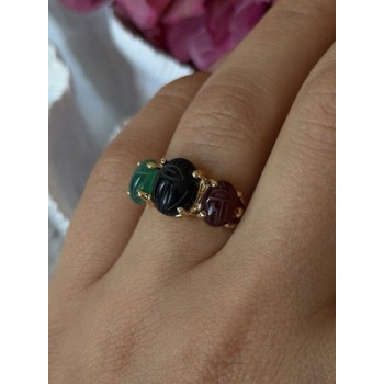 925 Sterling Silver Gold Plated Carved Carnelian Onyx Jade Ring Size 7