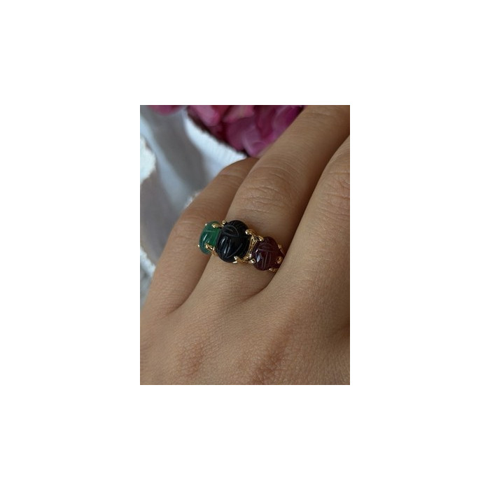 925 Sterling Silver Gold Plated Carved Carnelian Onyx Jade Ring Size 7