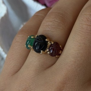 925 Sterling Silver Gold Plated Carved Carnelian Onyx Jade Ring Size 7